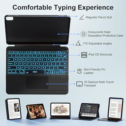 Image of WIWU for iPad Case Keyboard for Air 13 Inch M4 /M3 /M2 2026 /2025 /2024 Magnetic Detachable Keyboard Case Adjustable Stand 7 Colours Backlit Keys Trackpad (Black, for Air 13 inch(M3 /M2) Pro 12.9 inch 6 /5 /4 /3)