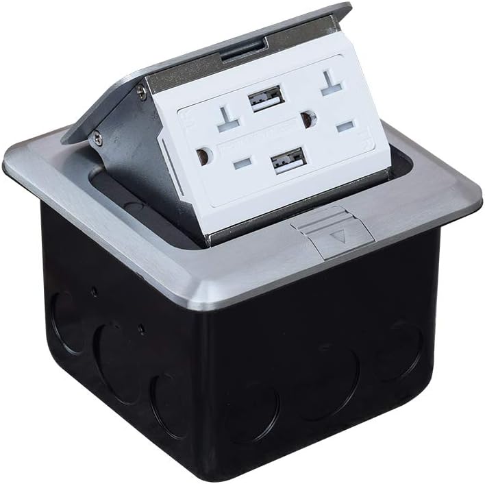 Pop Up Floor Outlet Box with 20Amp and 2 USB Chargers Stainless Steel Recaptacle TR Outlet