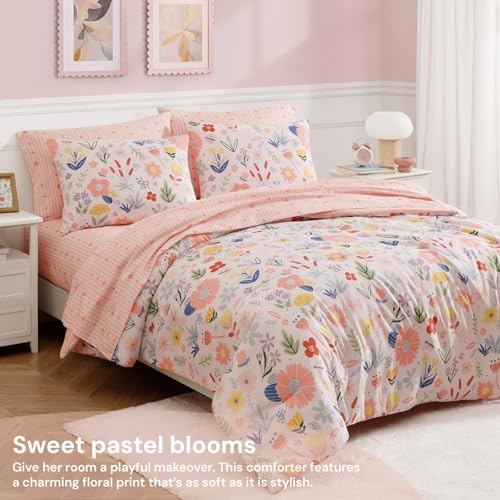 Image of BLOOMHAVEN Full Size Comforter Sets for Girls, 7 Pieces Pink Bedding Set with Pastel Flower, All Seasons Kids Bed in a Bag with Sheets, Pillowcases & Shams