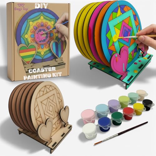 Image of BAGJI TOYS DIY Coaster Painting Kit for Kids & Adults - 6 Pre-Marked Wooden Tea Coasters with Stand, 12 Acrylic Colours & Brush - Mandala Art & Craft DIY Set - Beginner Friendly Painting Craft Kit, Birthday & Gift Activity (MandalaA6)