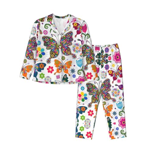 Pyjama femme manches longues vêtement de nuit boutonné ample motif fleurs et papillons XXL