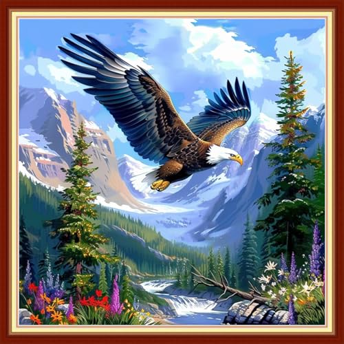 Image of Joyhoor Cross Stitch Kits for Beginners Stamped Cross-Stitch Supplies Needlework preprint Embroidery Kits for Adults DIY Needlepoint Kits Embroidery Patterns 11CT-Eagle Mountain and River 18x18 inchs