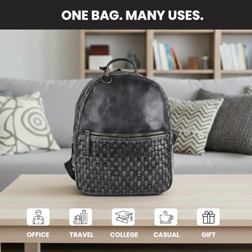 Image of Leather Backpack | Unisex Fashion Backpack Handbag | Genuine Leather | VL-054-BROWN | Adjustable Straps | 20L Capacity | 13 x 1 x 13 Inches | Vintage & Functional Design
