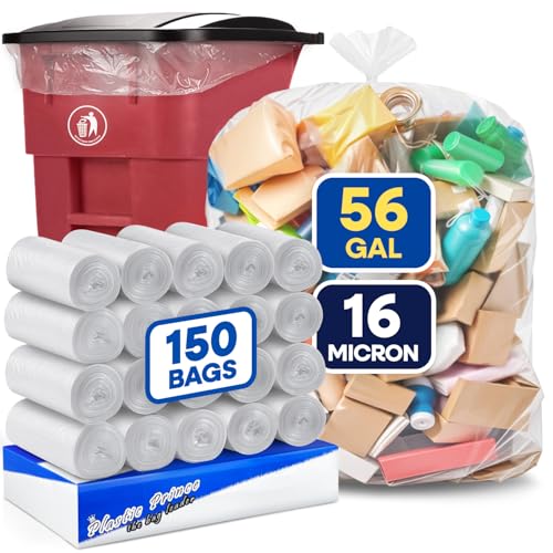 PLASTIC PRINCE 55-60 Gallon Trash Bags, Clear Trash Bags 43"W × 47"L, 16 Micron Clear Garbage Bags, 56 Gal High-Density Garbage Can Liners, Fits Square and Round Trash Cans, Pack of 150