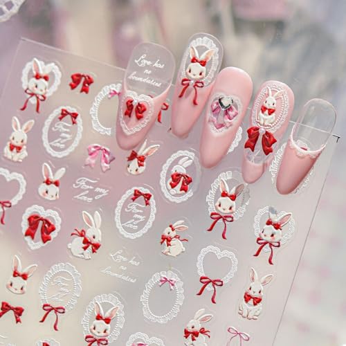 Image of Cute Rabbit Nail Stickers Heart Nail Art Stickers Lace Frame Heart Design 5D Embossed Self Adhesive Nails Decals with Love Lettering for Women Manicure Decoration (1 Sheet)