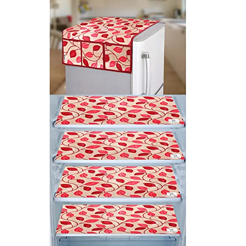 Image of Polyester 3-Layered Fridge Top Cover /Refrigerator Cover With Utility Pockets and Set of 4 Pc Fridge Mats (Colour- Red, Size-39x21 Inches)