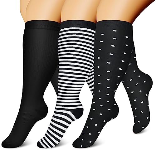 CHARMKING 3 Pairs Plus Size Compression Socks for Women and Men 15-20 mmHg Wide Calf, Extra Large, Boost Performance, All Day Comfort (5X-Large, Black/White/White)