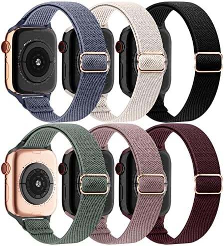 EOMTAM 6 Pack Slim Stretchy Compatible for Apple Watch Band 38mm 40mm 41mm 42mm 44mm 45mm Women,Lady Nylon Thin Elastics Wristbands Solo Loop Straps for iWatch Series 8 7 6 SE 5 4 3(38,C1)