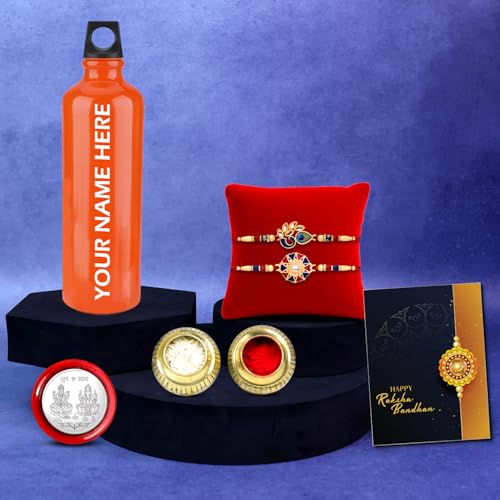 Image of Oblivion Designer Om & Floral Rakhi Set of 2 with 750ml Water Bottle, Pooja Coin & Greeting Card | Raksha Bandhan Gift Combo