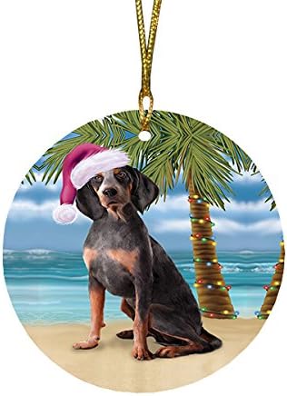 Summertime Tropical Island Beach American English Coonhound Dog Round Flat Ornament - Pet Decorative Hanging Ornaments for Christmas X-mas Tree Decorations - 2.75" Round Christmas Ornament POR1594