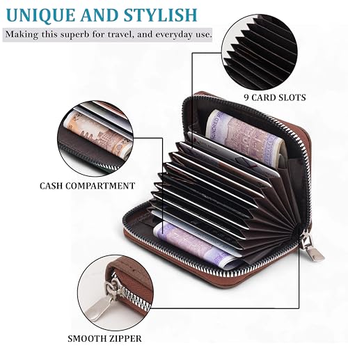 Image of 9 Slot RFID Genuine Leather Credit Debit Card Holder Wallet Money Zipper Coin Purse for Men & Women (Brown 2)
