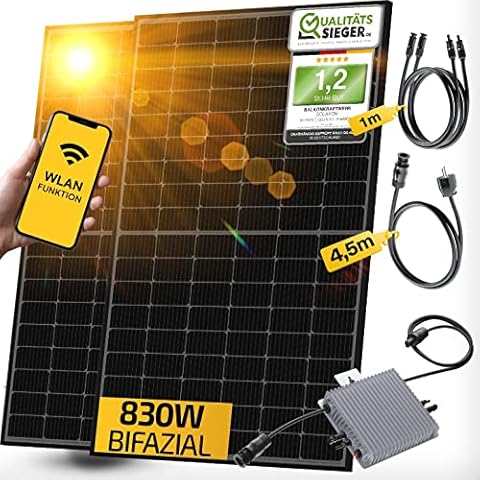 Solakon® Balkonkraftwerk 830W / 600W Steckdose Bifazial - Solaranlage Komplettset - Plug & Play Balkon Solaranlage - 2x 415W Solarmodule, 1x 600W Wechselrichter Deye & Zubehör - 4,5m Kabel Cover