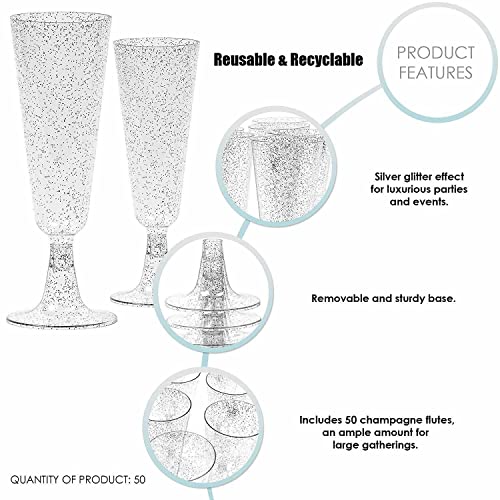 LATERN 50Pcs Silver Glitter Champagne Flutes - Image 2