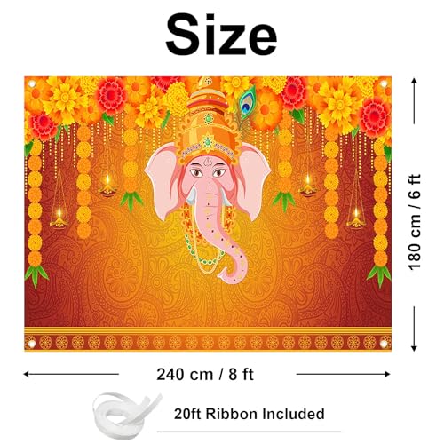 Image of Avezano Indian Pooja Traditional Backdrop Indian Religious Festival Marigold Banner Orange Flower Marriage Hindu Curtain Bridal Shower Wedding Party Decorations Banner (8x6ft)