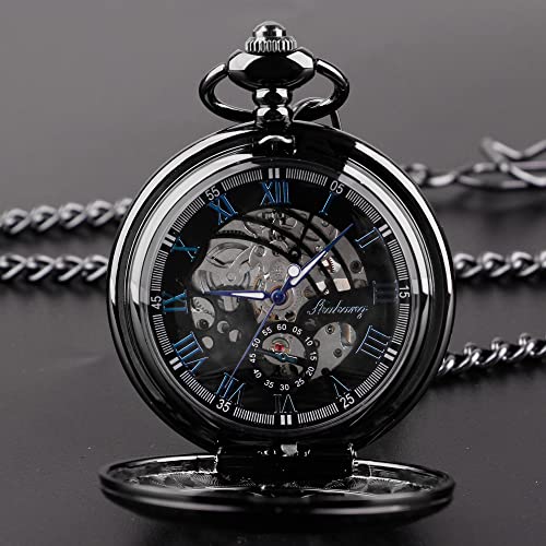 Mechanical Pocket Watch Antique Roman Numerals Men's Pocket Watch, Black Skeleton Pocket Watch With Chain For Men #TOP7