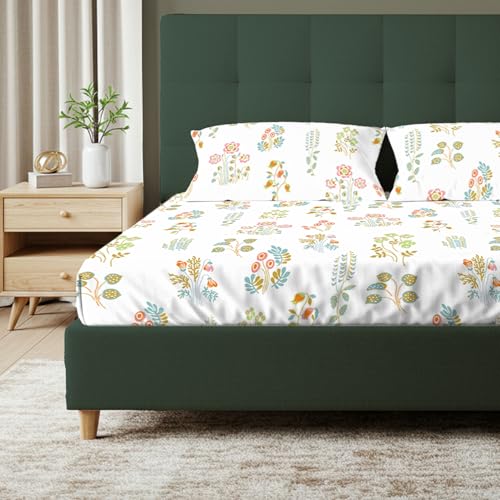Image of Urban Space Serene 100% Cotton King Size Bedsheet, 200 TC Super Soft Bed Sheet for King Size Bed, Floral Design Flatsheet King bedsheet with Two Pillow Covers (108 x 108 Inches, Eden White)