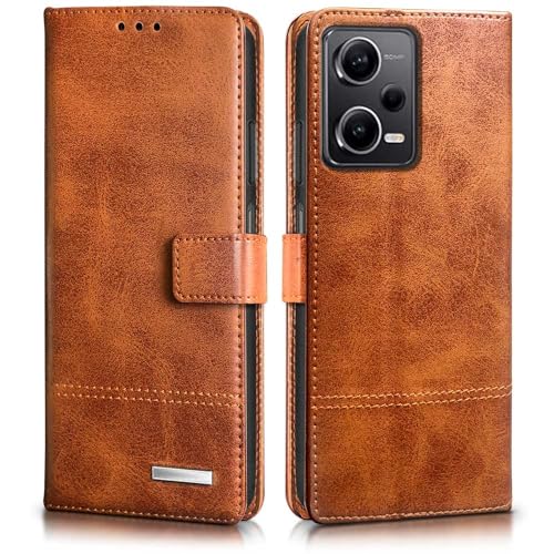 Image of WOW IMAGINE Shock Proof Hand Stitched Luxury Premium Flip Cover Case for Xiaomi Redmi Note 12 Pro 5G (Flexible | Leather Finish | Card Pockets Wallet & Stand | Tanned Brown)