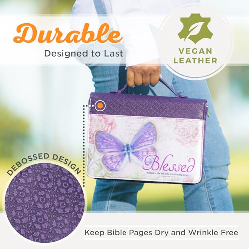 Christian Art Gifts Women's Fashion Bible Cover Blessed Butterfly Jeremiah 17:7, Purple Floral Faux Leather, Medium - Thumbnail 2