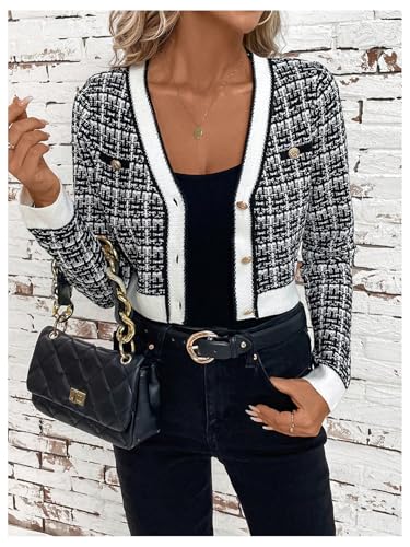 GORGLITTER Women's Checkered Button Up Sweater Cardigan Trendy Color Block Long Sleeve Fall Cropped Short Cardigan 20253