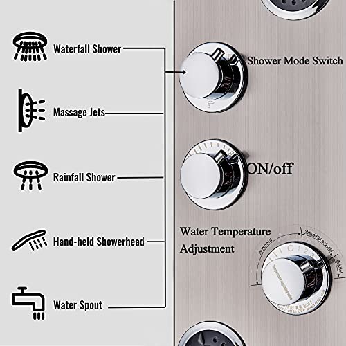 Suguword Shower Panel Waterfall System Led Shower Head 304 Stainless Steel Shower Panel Tower Wall Mounted Shower Column Bathroom,4 Body Massage Jets And Handheld Shower, Brushed #TOP7