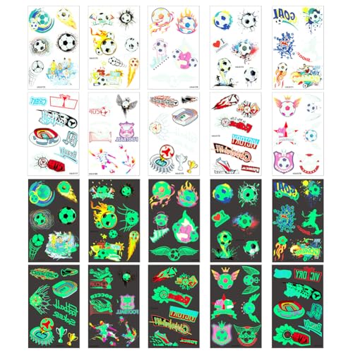 20 Pcs Tatuaje Fosforescente JynxtoyZeal Tatuajes de Calcomanías de Fútbol Tatuajes Temporales Multicolores Pegatinas de Tatuaje Diy per Feste a Tema Calcio, Raduni di Tifosi e Partite di Calcio
