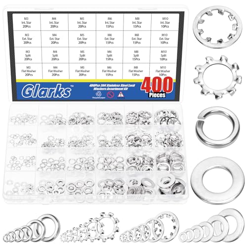 Glarks 400pcs M3 M4 M5 M6 M8 M10 External & Internal Star Washer and Split Lock Washers with Flat Washer Set, 304 Stainless Steel External Internal Tooth Lock Washer