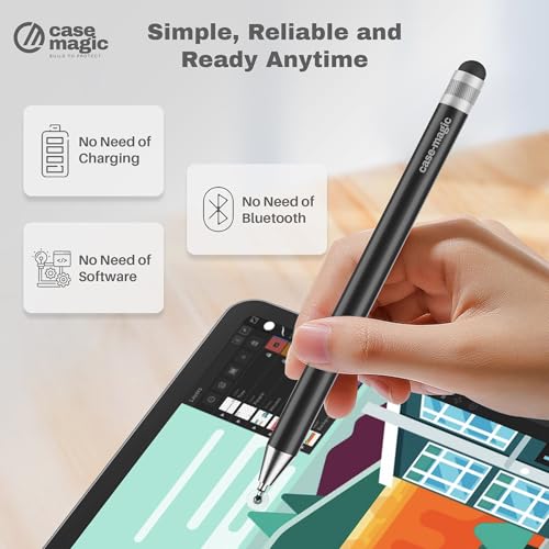Image of 2 in 1 Universal Stylus Pen with Fine Point Disc Tip+ Rubber Fiber Tip| for Smartphone /Tablet /iPad /Pro /Air /iPhone /iOS /Android /All Touch Screens| Aluminum Body (Black)