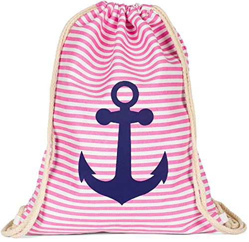 styleBREAKER Turnbeutel Rucksack im maritimen Design mit Streifen und Anker Print, Sportbeutel, Unisex 02012052, Farbe:Rosa-Weiß/Dunkelblau