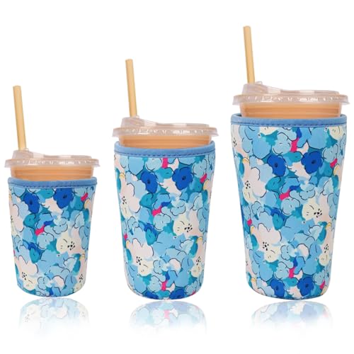 Image of Reusable Insulated Neoprene Iced Coffee Cup Sleeve, Durable Drink Sleeve for Cold Beverages, Beverage Holder for Iced Coffee (Misty Blossom)