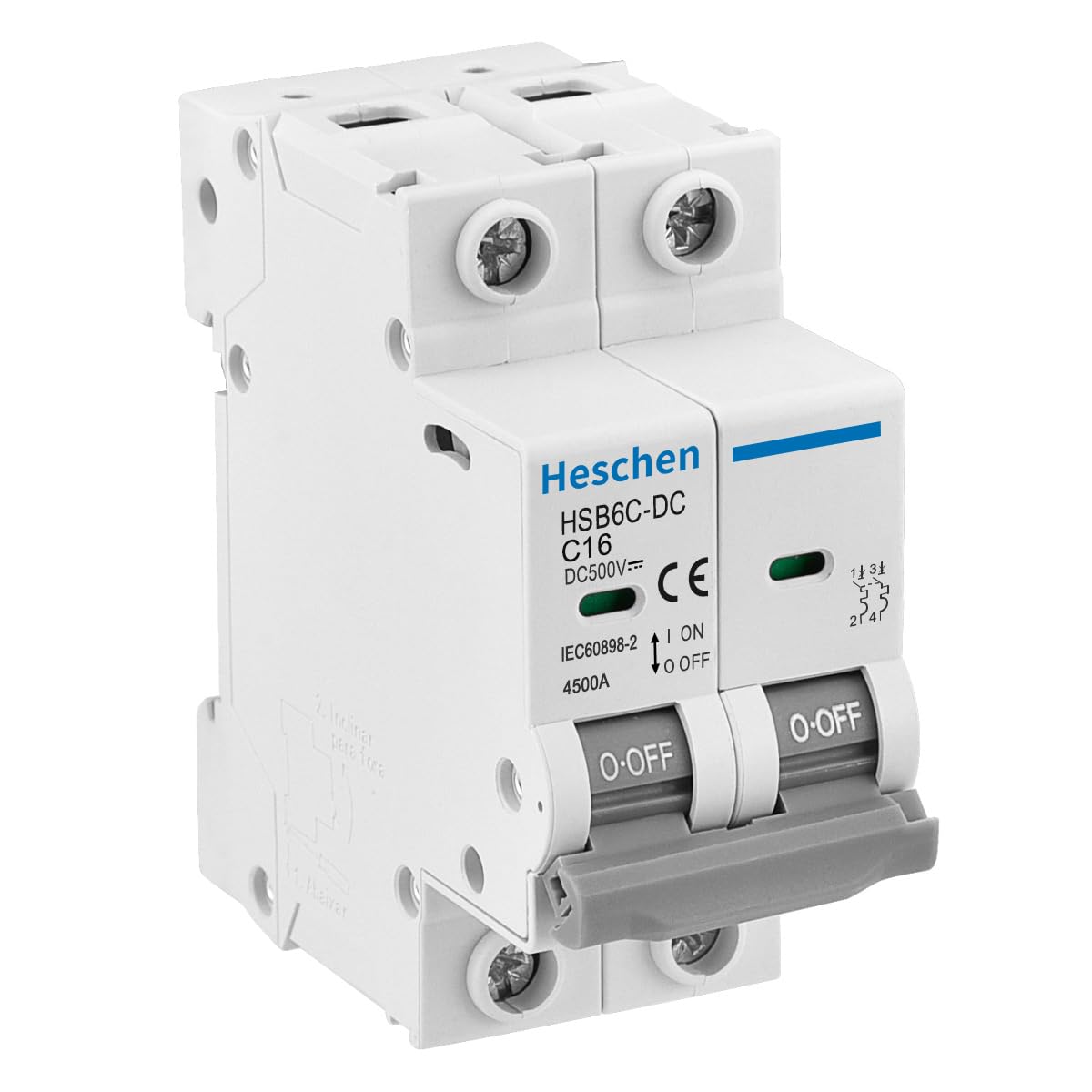 Heschen DC Miniature Circuit Breaker, HSB6C-DC, 2 Poles, DC500V 16A, Photovoltaic Circuit Breaker, for Solar PV System Solar Panels Grid System, 35mm DIN Rail Mounting