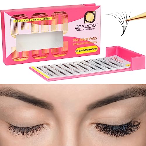 SEEDEW Prefabricados 6D Extensiones de Pestañas, 0,07mm D Rizo Mezcla8-15mm 12 Filas, Mega Volumen Naturales Suaves, Injerto Pestañas para Artistas, Salón Belleza(Pre6D-0,07-D-MIX8-15mm-Negro-120Fans)