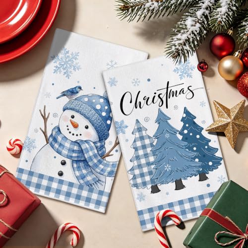 Image of Hexagram Christmas Hand Towels for Bathroom Set of 2, Christmas Bathroom Decor, Blue Snowman Pattern, Soft Hand Towels 18x28 Inches
