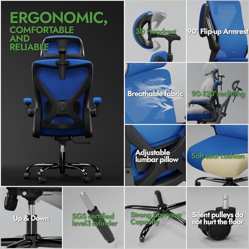 Ergonomic Office Chair - X-Shaped Computer Desk Chair Comfy, Gaming Chair, Office Chair with Lumbar Support, Mesh Office Chairs with Headrests, Desk Chair for Long Hours (Black Blue)