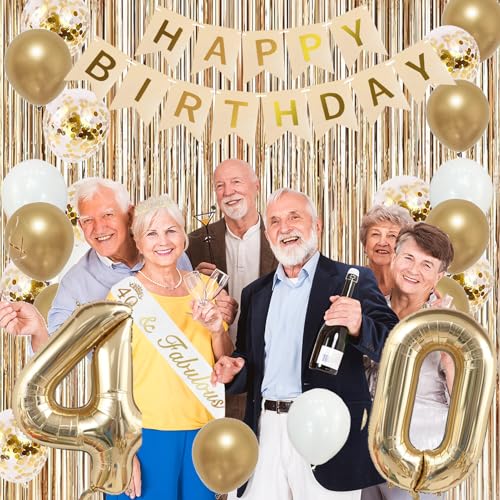 Image of Trgowaul 40th Birthday Decorations for Women, Banner, Sash and Crown, Cake Topper, 40 Number Balloon, Fringe Curtains, Champagne Gold 40th Birthday Party Supplies