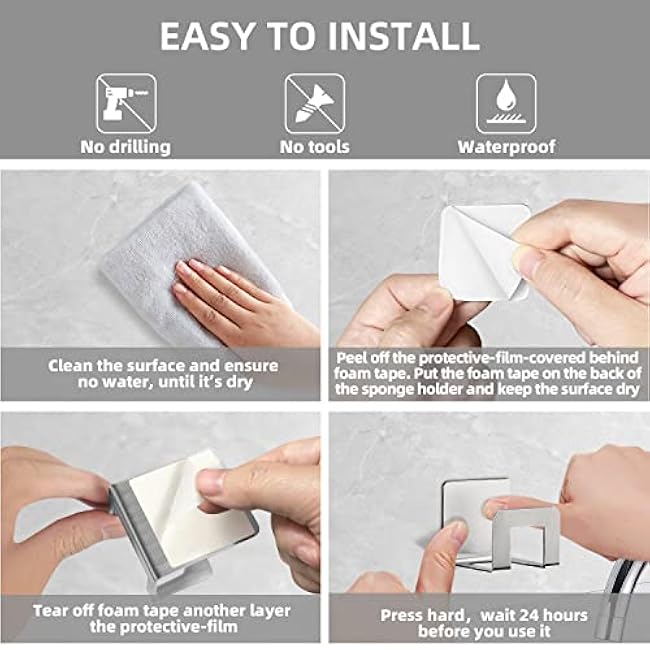 2Pcs Sponge Holder for Kitchen Sink,SUS304 Stainless Steel Waterproof Strong Sink Sponge Holder,Adhesive Hanging, Suitable for Kitchen Brush, Dish Rag, Gloves, Anti-Rust Coating