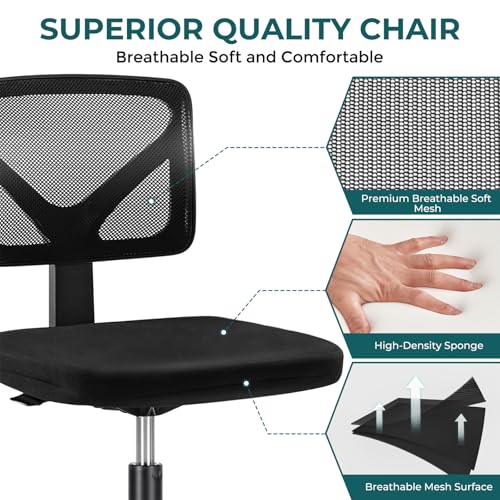 Image of DUMOS Armless Office Chairs with Wheels, Ergonomic Adjustable Home Desk Swivel Rolling Task Chair No Arms, Comfy Mesh Mid Back Computer Work Vanity Desk Chairs for Small Spaces, New Black