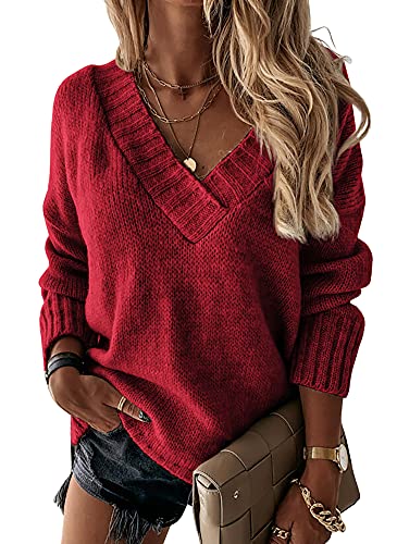 Image of Womens Loose Sweaters Sexy V Neck Long Sleeve Solid Knitted Jumper Pullover Sweatshirt Tops