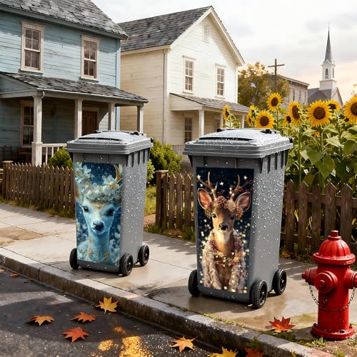 Image of 2 PC Trash Can Sticker 14.57 x 32.28 Inch Reindeer Christmas Vinyl Sticker with Floral Wreath Gold Detail Forest Light for Outdoor Garbage Bin Garden Yard Driveway Decor