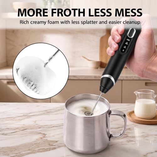 SOIOVO Handheld Milk Frother, Rechargeable 3-Speed Electric Whisk with 3 Detachable 304 Stainless Steel Heads, 6000/7000/8000 RPM, 1200mAh USB-C Coffee Mixer with Storage Stand, Matte Black - image 2