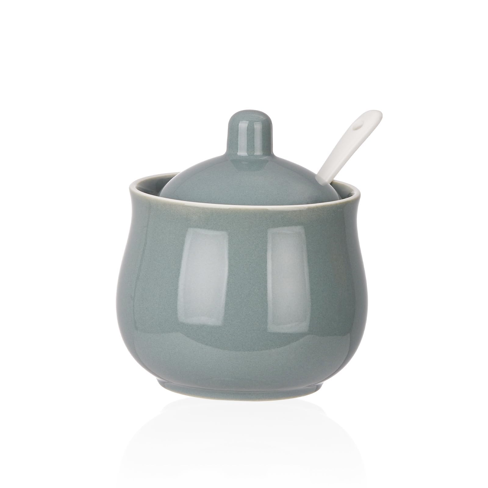 Ceramic Sugar Bowl with Lid and Spoon, Gray Porcelain Sugar Salt Pepper Storage Jar, 7 Ounces