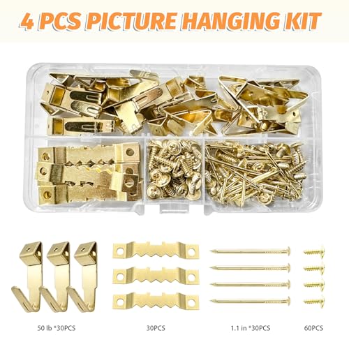 Image of 150 pcs Picture Hanging Kit - 30 Pcs Sawtooth Frames, 30 Hooks, 60 Screws, 30 Nails for Hanging Photos, Artwork
