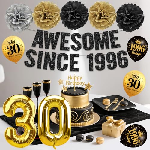 30th Birthday Decorations for Him Her, Black Gold Pre-strung Awesome Since 1996 Banner Paper Pompoms Vintage 1996 Happy 30 Birthday Balloons Party Supplies Decor by Eiurteao - Used condition - Image 4
