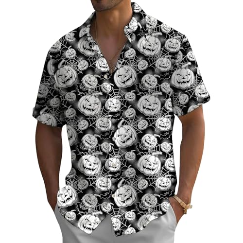 Camisas de Halloween para hombre, camisa hawaiana de manga corta con estampado de calavera, casual, moderna, divertida, vintage, para fiestas, Calabazas de telaraña, M