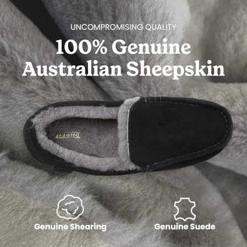 Image of Fireside By Dearfoams Men's Melbourne Genuine Shearling Moccasin Slippers, Memory Foam Sudede Loafers Slip-in House Shoes