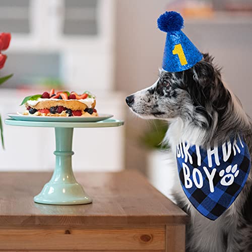 Flystar Dog Birthday Bandana With Hat And Number - Plaid Cute Doggy Bandana For Small Medium Large Dogs Boy- Blue Triangle Scarf Bibis Party Dog Outfits #TOP4