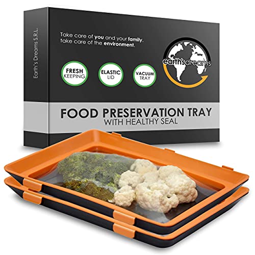 Earth's Dreams Stackable Food Preservation Tray (Set of 2) - Reusable Kitchen Food Storage Trays with Elastic Lids - Microwave, Dishwasher Safe - Space Saving Food Storage Containers