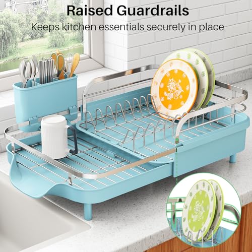 Image of SAYZH Dish Drying Rack - Expandable Dish Rack for Kitchen Counter, Rust-Resistant Dish Drainer with Utensil Holder and Raised Guardrail, Kitchen Organizer for Cup and Bottle (Blue)