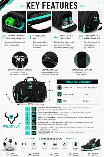 Image of 50L Gym Duffel Bag | Large Travel Sports Bag for Men & Women (Black & Blue)