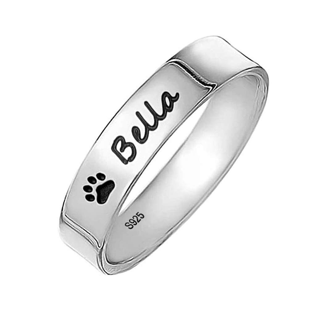 Elefezar925 Sterling Silver Personalized Paw Print Name Ring Custom Band Puppy Dog Cat Pet Lover Gifts