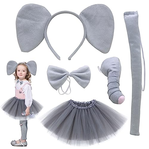 TSHAOUN Ensemble de 5 pièces de costume d'éléphant, oreilles d'éléphant, bandeau, nœud papillon, nez, queue, tutu animal pour enfants, filles, déguisement pour cosplay, Halloween, fête d'anniversaire